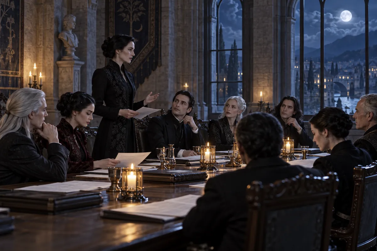 Vampire delegates meeting in a moonlit civic chamber.